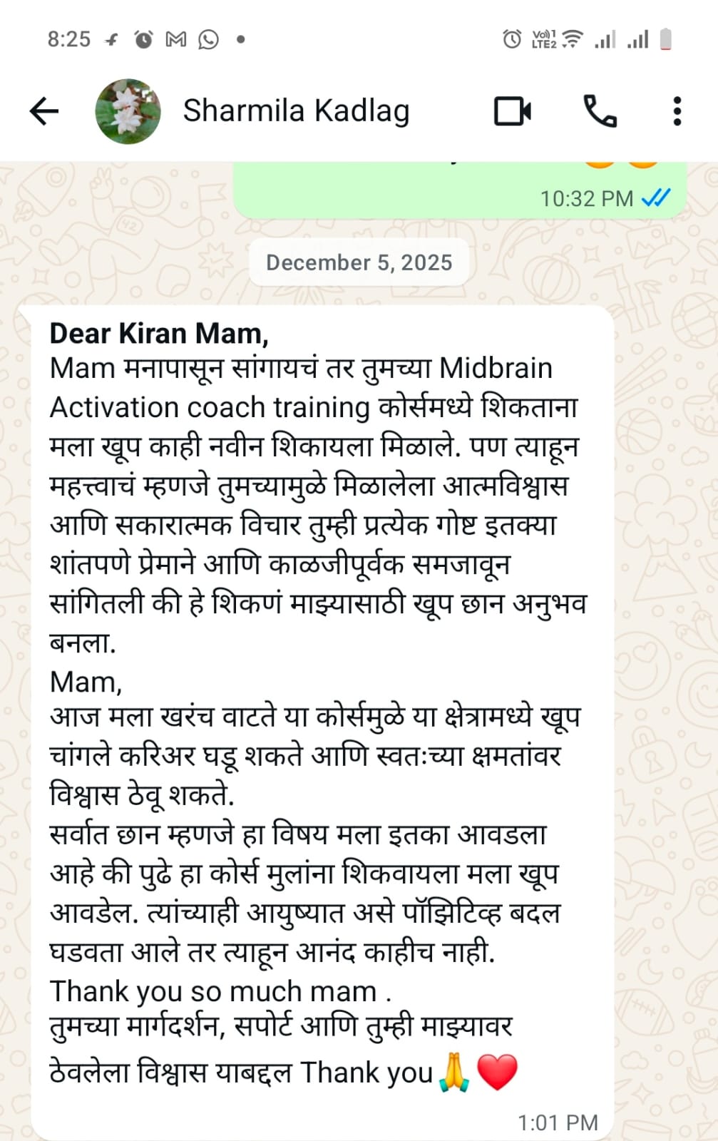 Screenshot of Sharmila Kadlag's Mannsparsh testimonial