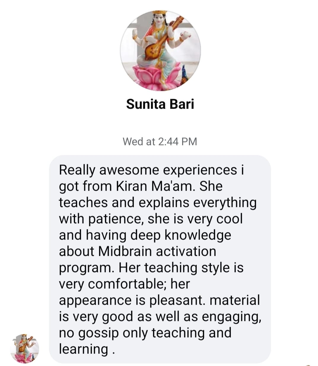 Screenshot of Sunita Bari's Mannsparsh testimonial
